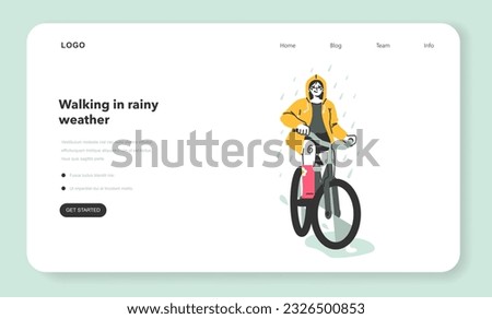 Female character under the rain web banner or landing page. Rainy and cloudy weather in summer or spring. Girl in a raincoat, riding bicycle outdoor. Flat vector illustration
