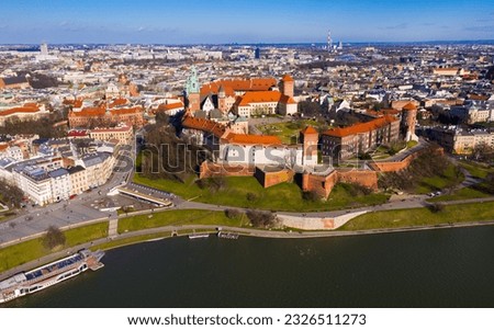 Aerial view of old Wawel Castle by the river in Krakov, Poland