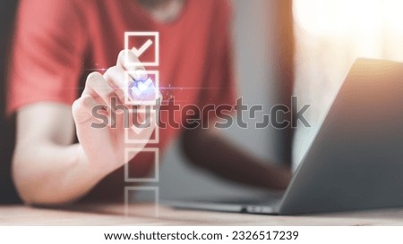 concept of marking survey topics ,checkbox to conduct opinion and quality surveys or satisfaction ,Checklist with checkmarks and checkboxes ,online quality assessment ,answering questionnaires Royalty-Free Stock Photo #2326517239