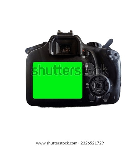 Temanggung, Indonesia - July 04, 2023: Black camera on white background with green screen on tram chroma key technology