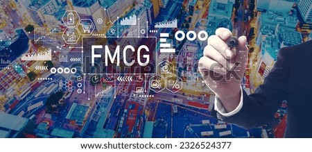 FMCG - Fast Moving Consumer Goods theme with businessman in a city at night