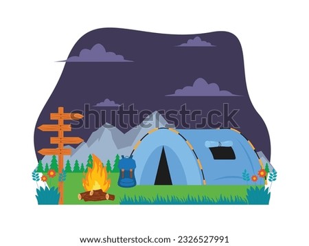 Camping lit bonfire in front of tent, calm atmosphere and good weather, camping vector illustration.
