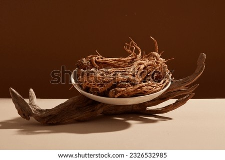 Front view of angelica sinensis roots on round white plate and dry twig decorated on dark background. Scene for medicine advertising, photography traditional medicine content