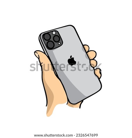 vector illustration of a cartoon hand holding a gray smartphone