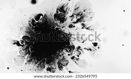 Ink splatter. Oil spill. Dark fluid swirl spreading blending in supernatural pattern of black watercolor abstract illustration. Royalty-Free Stock Photo #2326549795