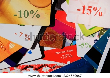 Lots of discount cards with discounts 5%, 7%, 10%, 15%.