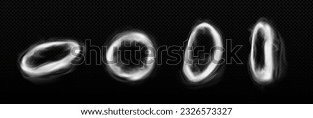 Smoke ring cloud vector steam round cloud effect. Abstract transparent hookah shape isolated on background. 3d realistic vapor or cigarette frame mist texture. Air trail icon for jump game element