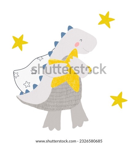 Beautiful kids hand drawn stock illustration with very cute little dino. Clip art.