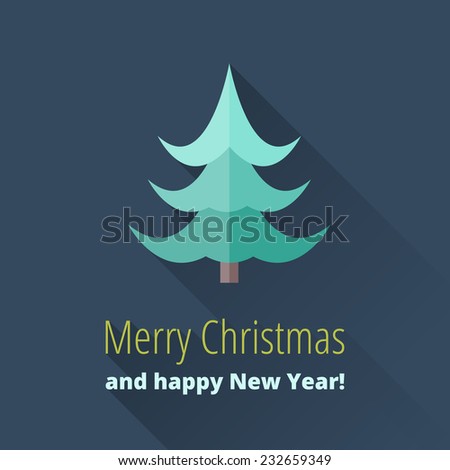 Christmas card with Christmas trees in a flat style. Merry Christmas and happy New Year! With long shadows. Christmas greeting. Congratulation