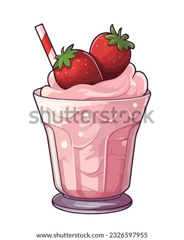 vector illustration sticker art of delicious summer strawberry sundae ice cream in cup isolated on solid color background.