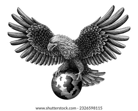 The eagle stepped on the globe hand draw vintage engraving style black and white clip art