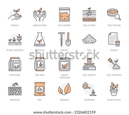 Soil testing flat line icons set. Agriculture, planting vector illustrations, hands holding ground with spring, drought, erosion. Thin signs for agrology survey. Orange Color. Editable Strokes Royalty-Free Stock Photo #2326602159