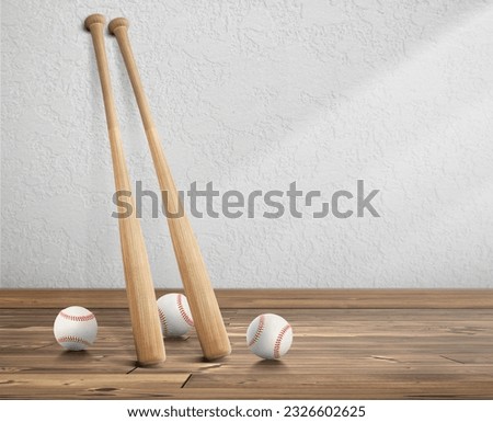 baseball ball and wooden baseball bat in white empty room wooden floor with sunlight cast shadows on wall Royalty-Free Stock Photo #2326602625