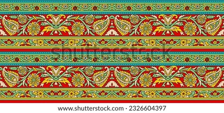 Textile digital design Mughal motif ikat ethnic set of damask pattern decor border hand made artwork suitable for frame gift card wallpaper women cloth front back and dupatta used in fabric industry.