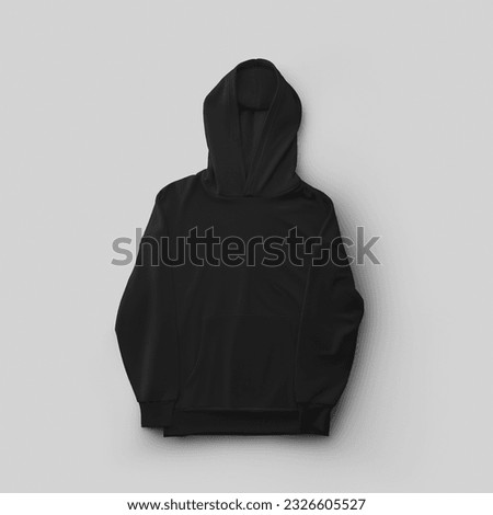 Mockup of black long hoodie with pocket, folded hood, streetwear presentation for design, pattern, print, front view. Fashionable apparel template isolated on background, for commerce, advertising
