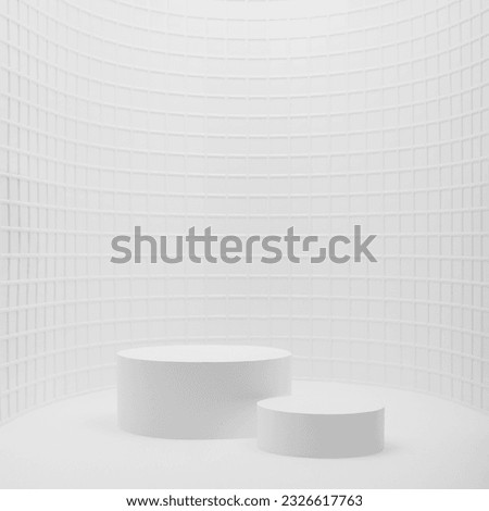 Modern white abstract stage mockup as curved alcove - two cylinder podiums, mosaic tile, exquisite beauty style, template for presentation cosmetic products, spa, goods, advertising, display, square. Royalty-Free Stock Photo #2326617763
