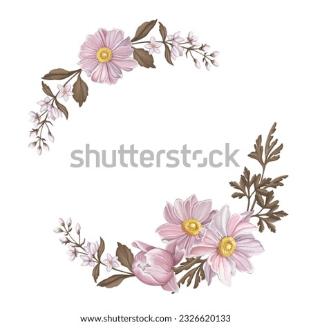 Watercolor floral wreath, frame, bouquet with brown leaves, pink anemone flowers and branches, for wedding stationary, invitations, greeting card, printing