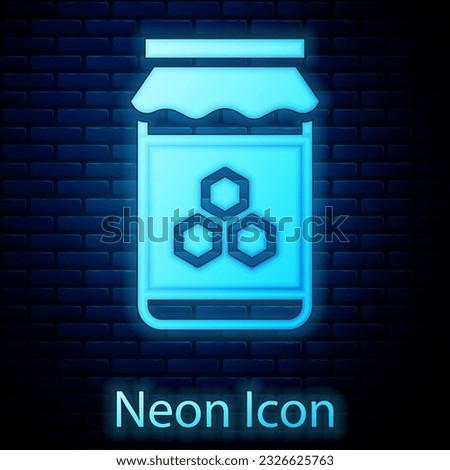 Glowing neon Jar of honey icon isolated on brick wall background. Food bank. Sweet natural food symbol.  Vector