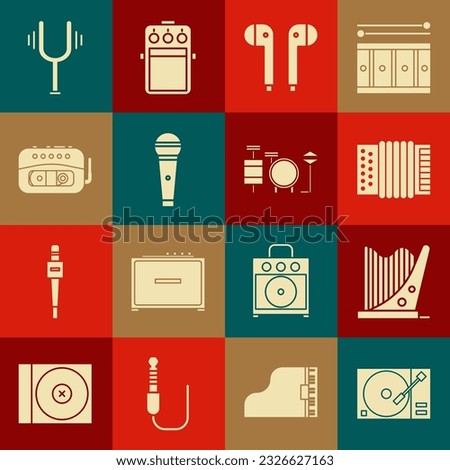 Set Vinyl player with a vinyl disk, Harp, Musical instrument accordion, Air headphones, Microphone, tape, tuning fork and Drums icon. Vector
