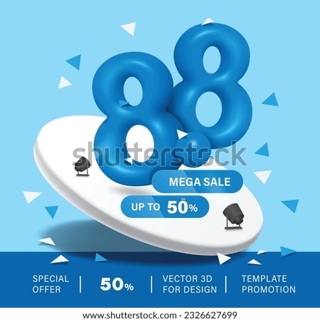 Number 8.8 blue 3D,mega sale sign ,50% discount promotion sign place on white round podium for advertising template ,vector for eight day of eight month promotion and winter or summer sale concept