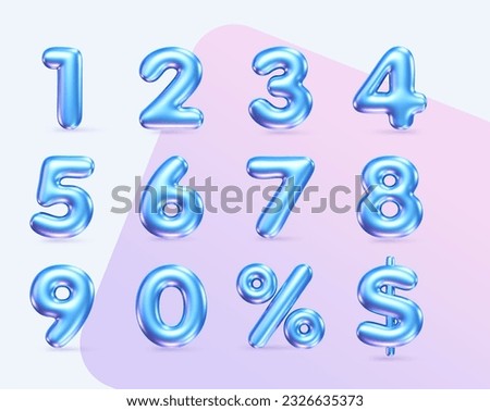 Number set. Set of isolated numbers. metallic letter. number balloons. Foil symbol. Blue metallic 3D, realistic vector illustration. 
