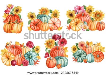 set of autumn pumpkins, flowers and leaves painted by hand in watercolor isolated on white background. Autumn clip art