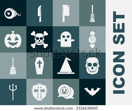 Set Flying bat, Skull, Candy, Meat chopper, on crossbones, Pumpkin, Eye and Ghost icon. Vector