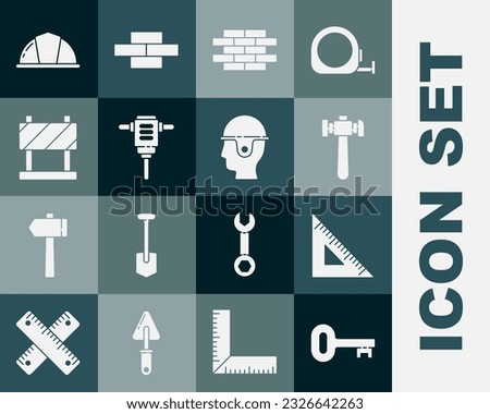 Set Old key, Triangular ruler, Hammer, Bricks, Electric rotary hammer drill, Road barrier, Worker safety helmet and  icon. Vector