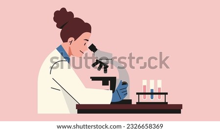 Female Doctor Examining Breast Cancer Cells under Microscope with Test Tube in Research Laboratory, Flat Vector Illustration Royalty-Free Stock Photo #2326658369