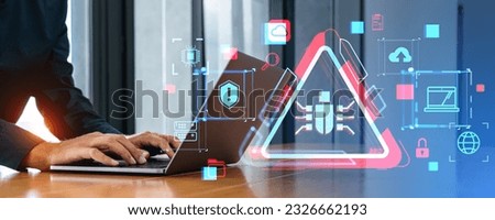Businessman typing in computer, double exposure bug detection and online security, hacker attack and cyber crime. Concept of virus, digital protection and software Royalty-Free Stock Photo #2326662193