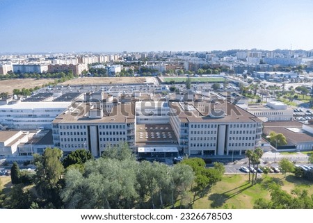 Aerial drone view of the Juan Ramon Jimenez University Hospital, a public hospital complex belonging to the Andalusian Health Service located in the Spanish city of Huelva Royalty-Free Stock Photo #2326678503