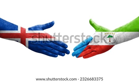 Handshake between Equatorial Guinea and Iceland flags painted on hands, isolated transparent image.