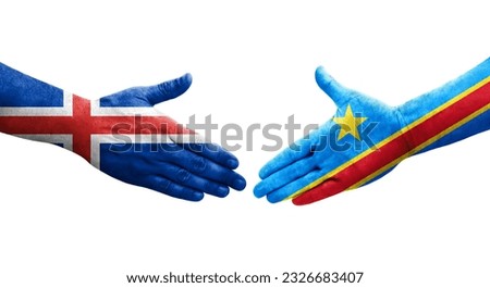 Handshake between Dr Congo and Iceland flags painted on hands, isolated transparent image.
