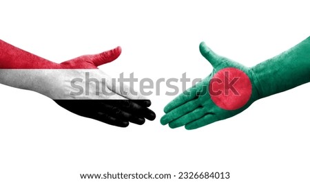 Handshake between Bangladesh and Yemen flags painted on hands, isolated transparent image.