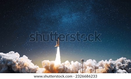 New space ship shuttle with blast and puffs of smoke successfully takes off up into the starry sky. Space mission and rocket lift off