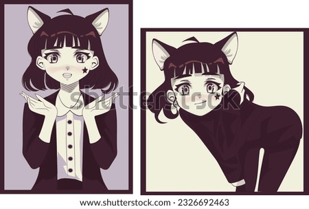 Original anime character with cat ears and short dark hair. Retro style art. Cat woman