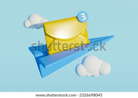 Artwork creative 3d collage picture of paper plane message notification flying clouds sky isolated on blue background