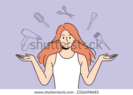 Woman stylist with flying accessories for hairdresser offers to make new hairstyle to change image. Girl hairdresser from beauty salon recommends taking care of hair and using professional equipment Royalty-Free Stock Photo #2326698683