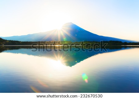 Sunshine and inverted Mount Fuji reflected in Lake Tanukiko  