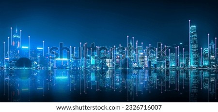 Smart network and Connection technology concept, Hong Kong digital city background at night in victoria harbour, Cyberpunk color style, Panorama view Royalty-Free Stock Photo #2326716007