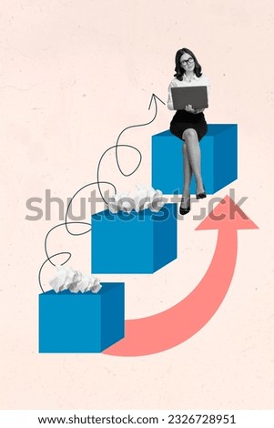Vertical creative composite collage photo of serious businesswoman make career hold laptop think business isolated on drawing background