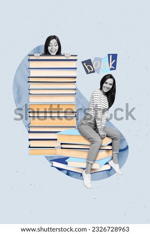 Poster collage artwork template of positive people like literature adore reading scientific materials story isolated on painted background