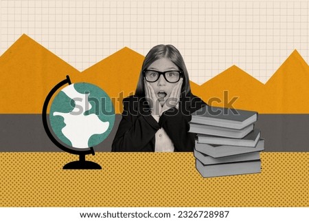 Photo collage little in stupor girl pupil have big homework task lot to read geography country continent sit desk classroom