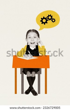 Poster collage picture sketch of crazy funky happy small girl rejoice great decision, brilliant idea isolated on painted retro background