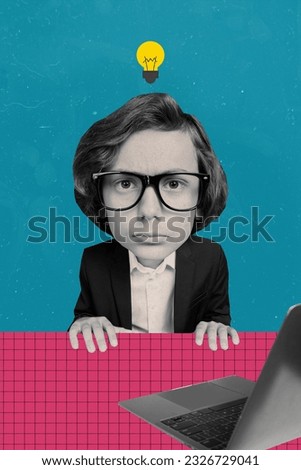 Artwork creative collage picture of funky schoolboy huge head decide guess mind idea eureka lamp look laptop isolated on white background