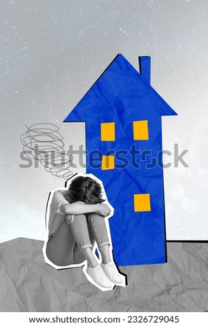 Vertical collage picture of unsatisfied black white colors girl cry depression anxiety home building isolated on paper grey background
