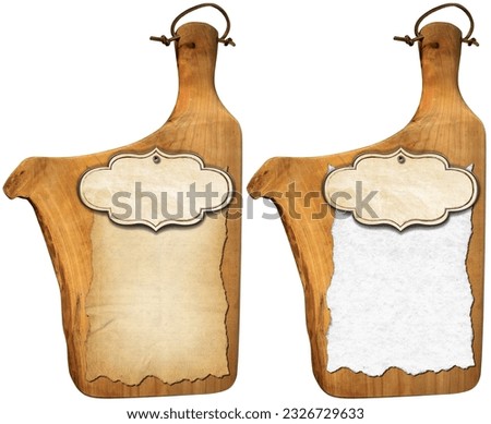 Two old wooden cutting boards with blank sheet of paper (parchment) and label, isolated on white background, template for recipes or food and drink menu, photography, top view.