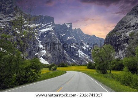 The Troll Wall (English) or Trollveggen (Norwegian) is part of the mountain massif Trolltindene (Troll Peaks) in the Romsdalen valley in Rauma Municipality in Moere og Romsdal county, Norway.  Royalty-Free Stock Photo #2326741817