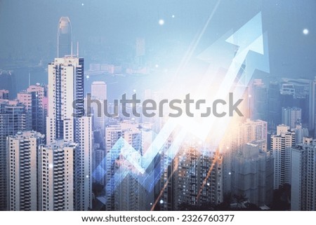 Double exposure of arrows growing up hologram and cityscape background. Concept of success.