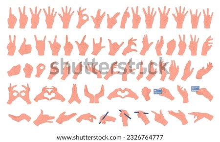 Cartoon hands gestures. Human hand holding things, thumb up, ok and peace sign flat vector illustration set. Interactive sign language collection